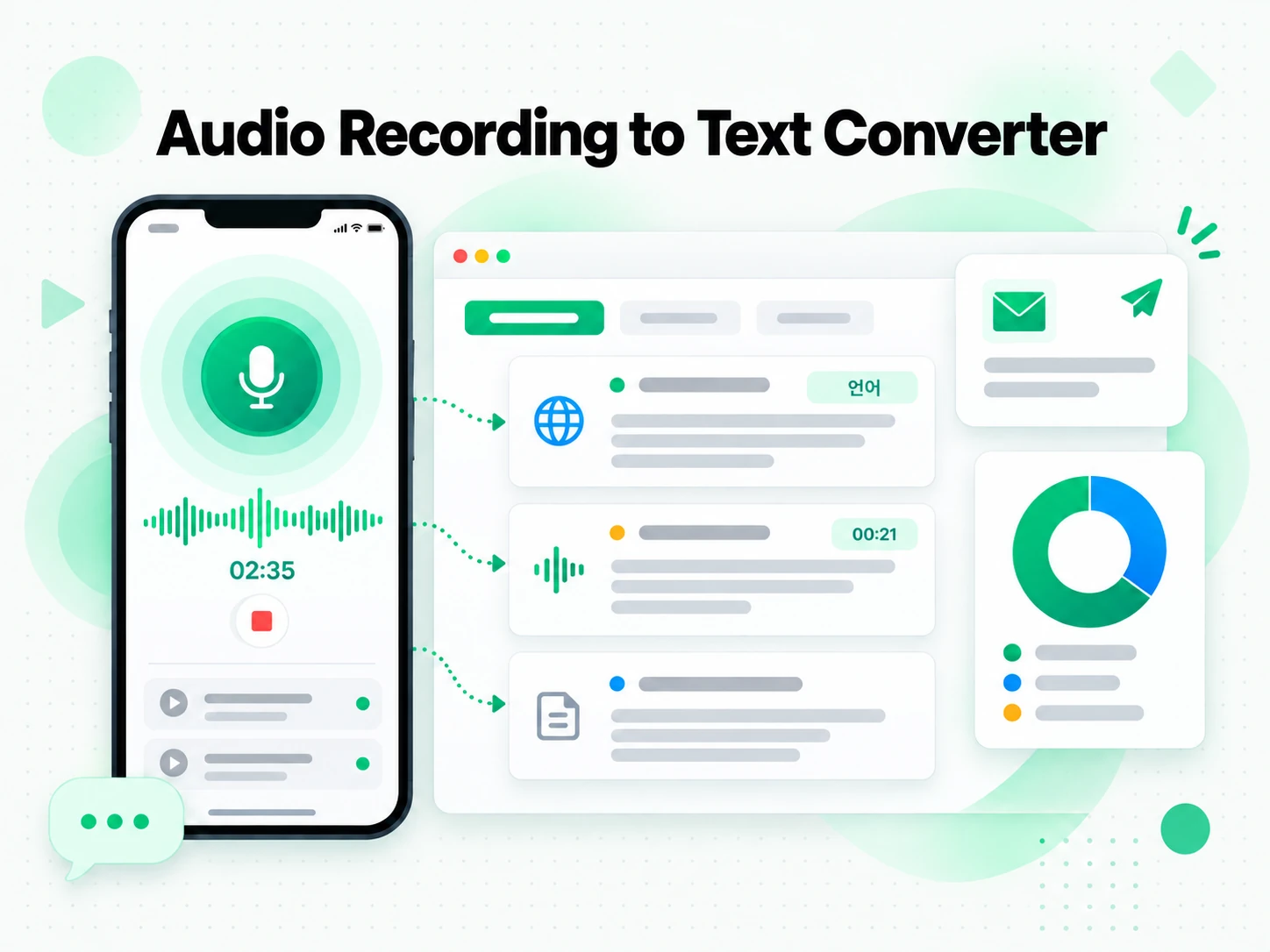 Audio Recording to Text Converter 활용 사례를 보여주는 화면