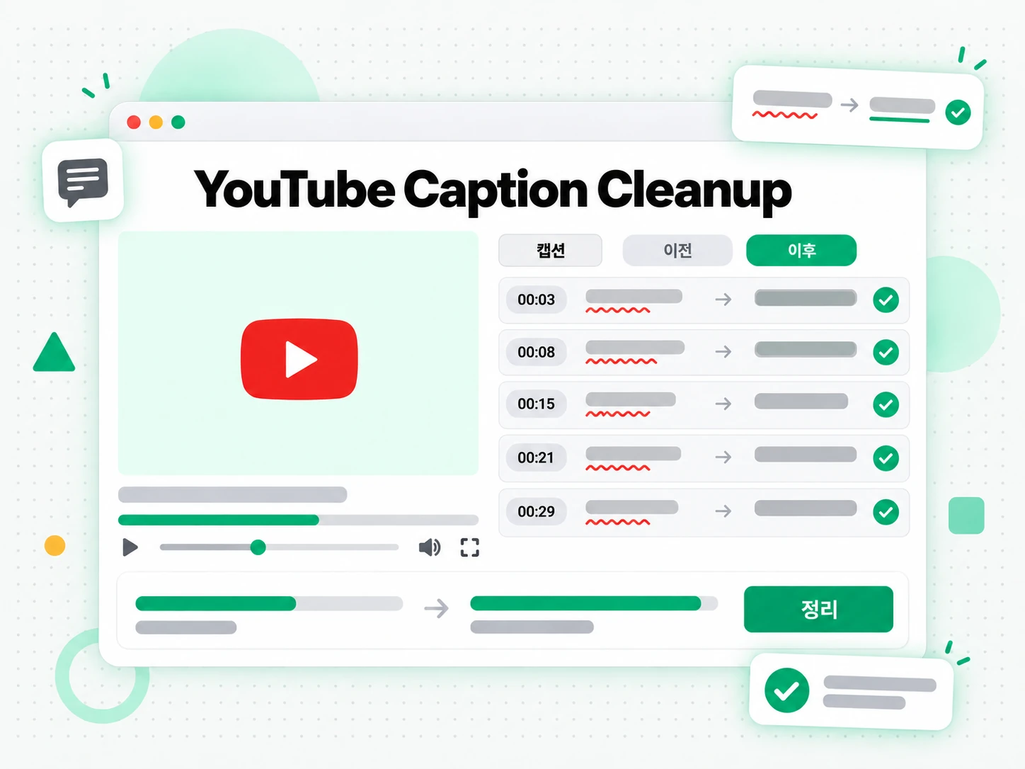 YouTube Caption Cleanup 활용 사례를 보여주는 화면