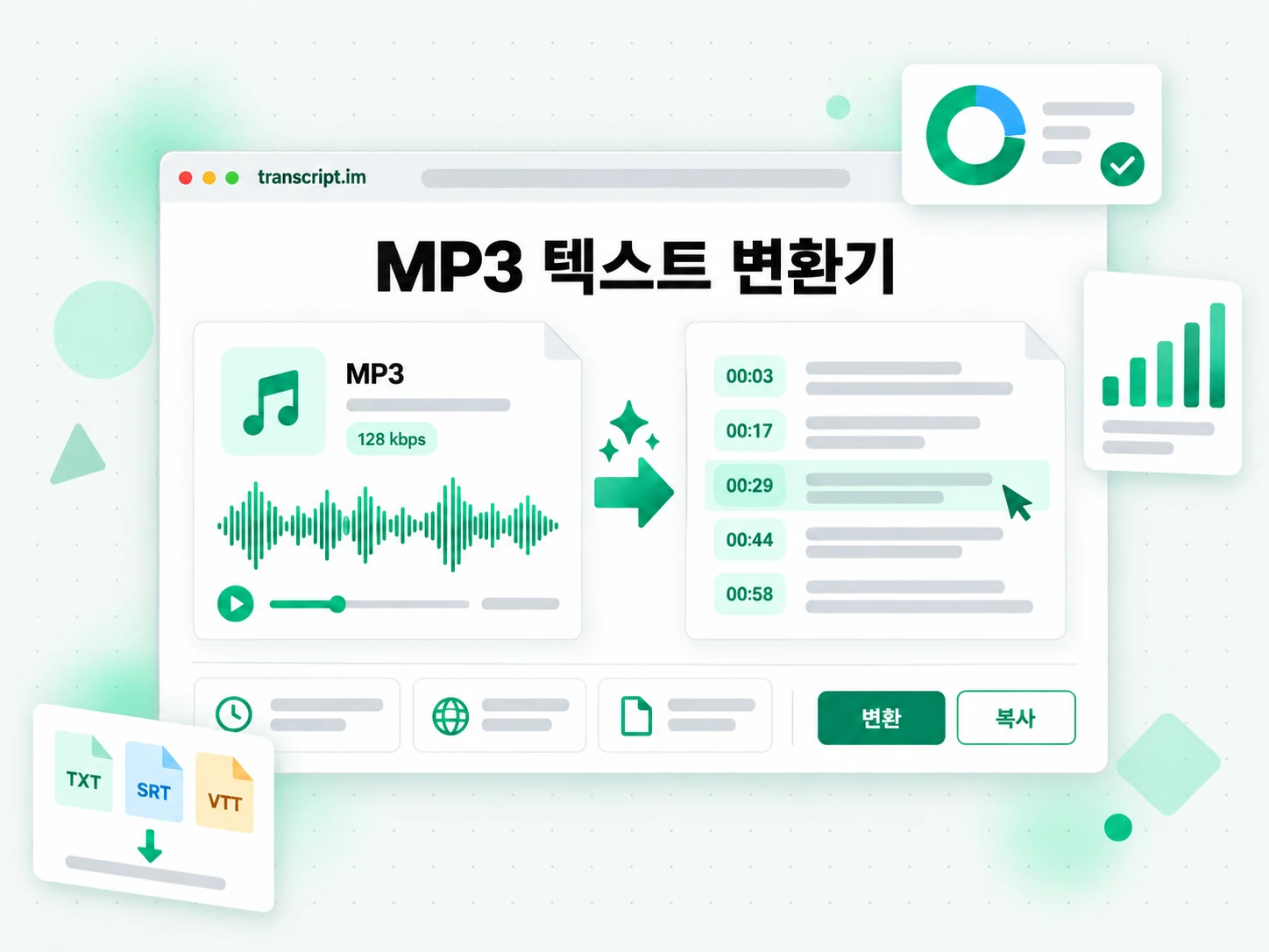 MP3 텍스트 변환기: 링크나 파일을 입력해 결과를 생성하는 화면