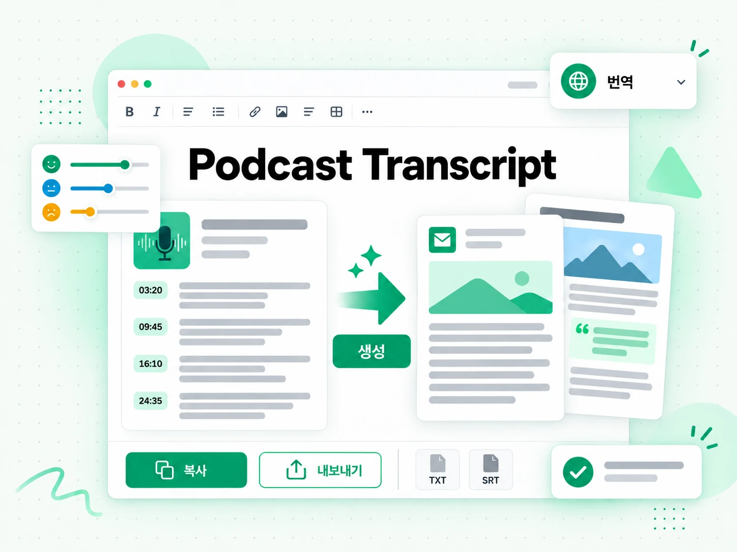Podcast Transcript: 결과를 내보내는 화면