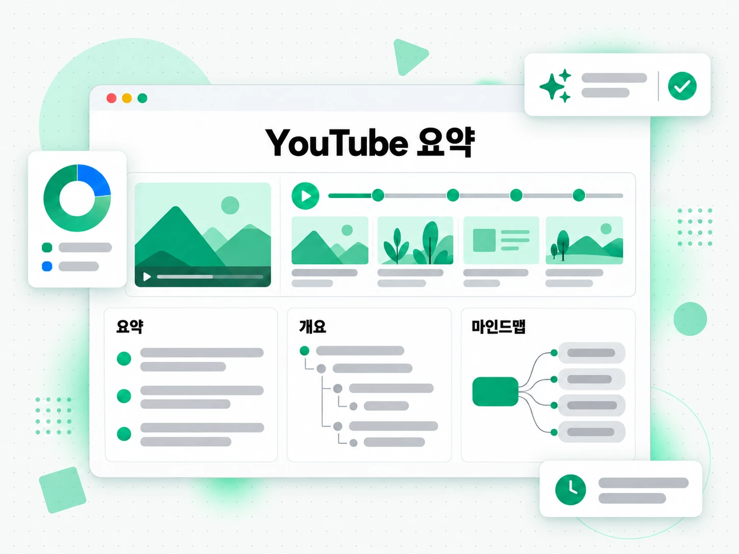 YouTube 요약: 영상 전사본으로 요약·개요·마인드맵을 만드는 화면