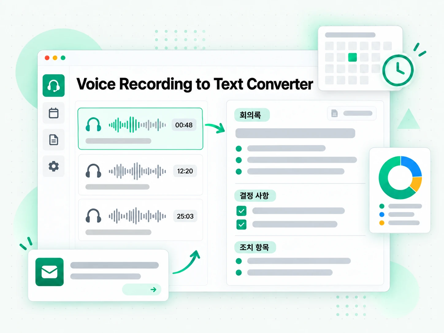 Voice Recording to Text Converter 활용 사례를 보여주는 화면