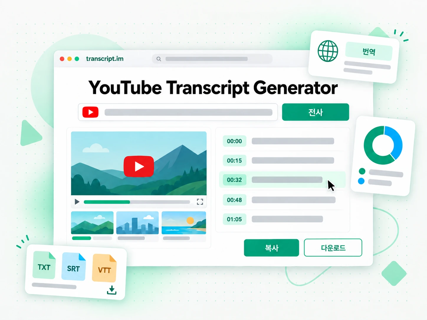 YouTube Transcript Generator: 링크나 파일을 입력해 결과를 생성하는 화면