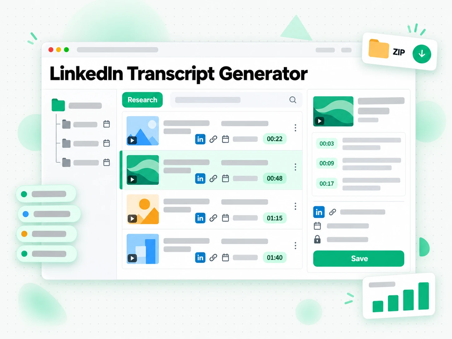 LinkedIn Transcript Generator: researcher archiving a timestamped LinkedIn video transcript with source details