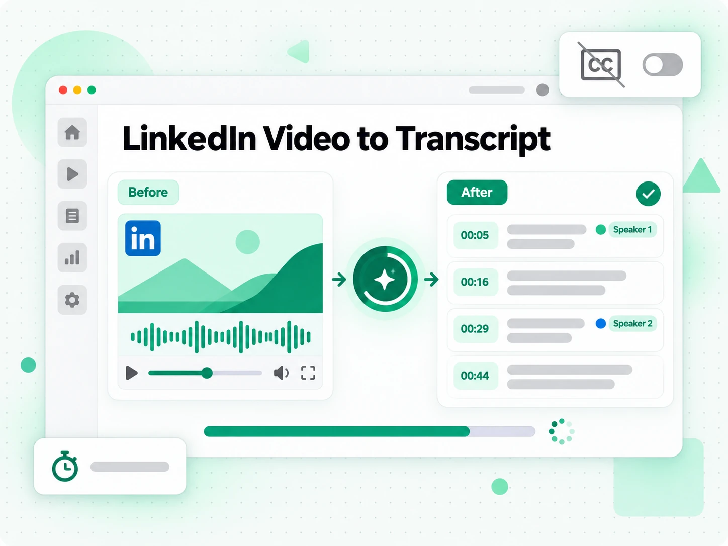 LinkedIn Video to Transcript: AI transcribing a LinkedIn video's audio into a timestamped LinkedIn transcript