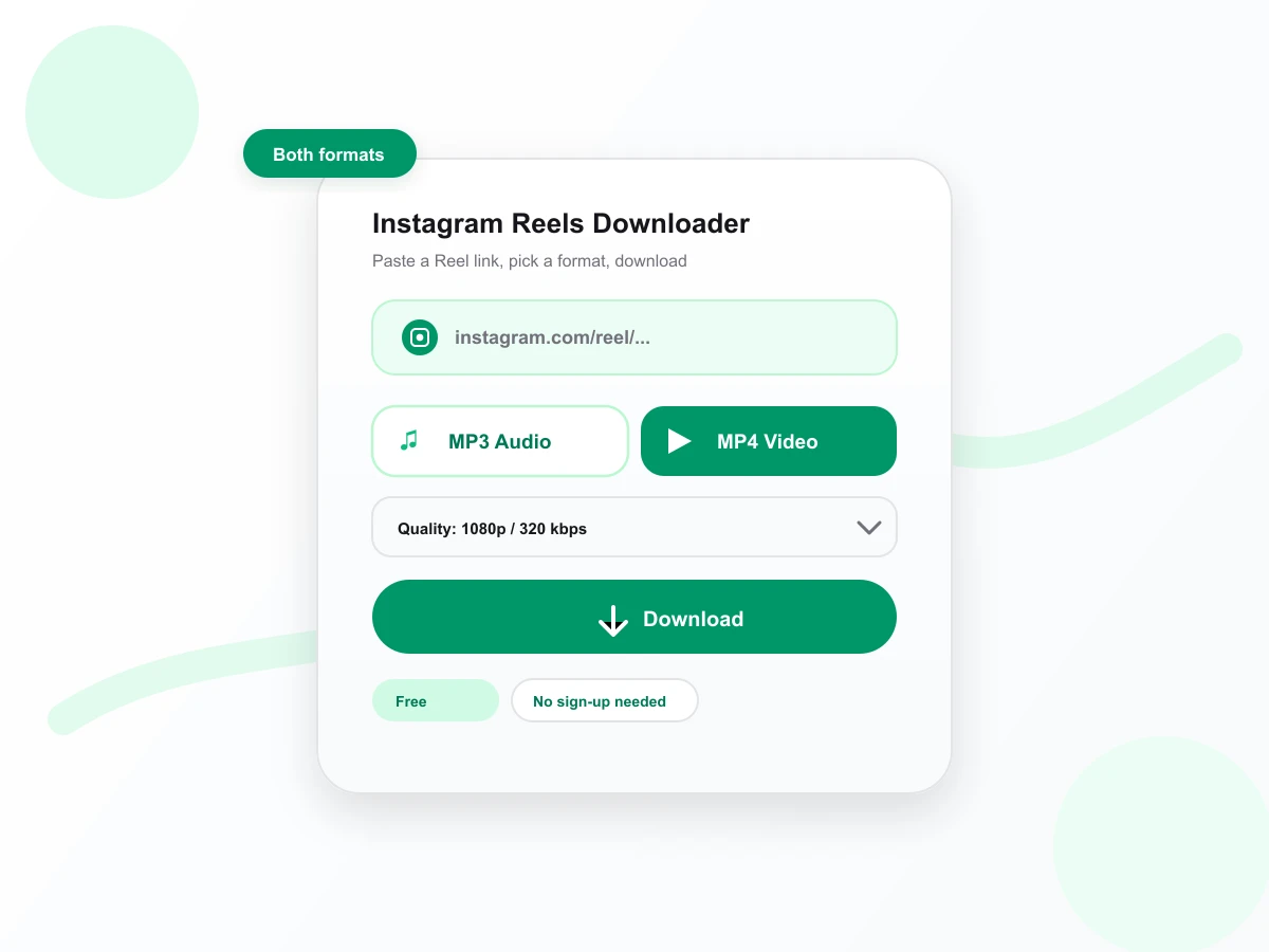 Instagram Reels Downloader link input with MP3 and MP4 format tabs and a Download button