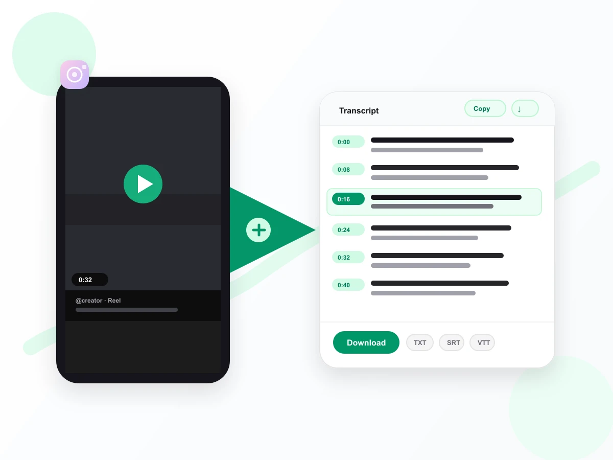 Instagram transcript generator turning a Reel into editable timestamped text