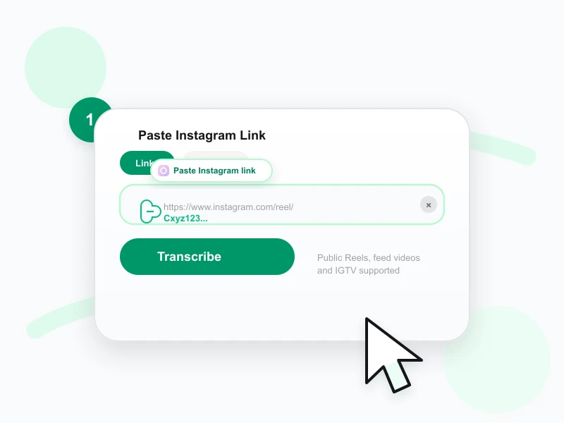 Step 1 — pasting an Instagram Reel link into the transcript generator