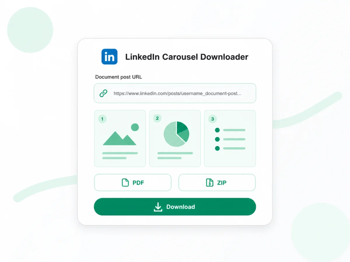 Free LinkedIn carousel downloader showing slide previews with PDF and ZIP options