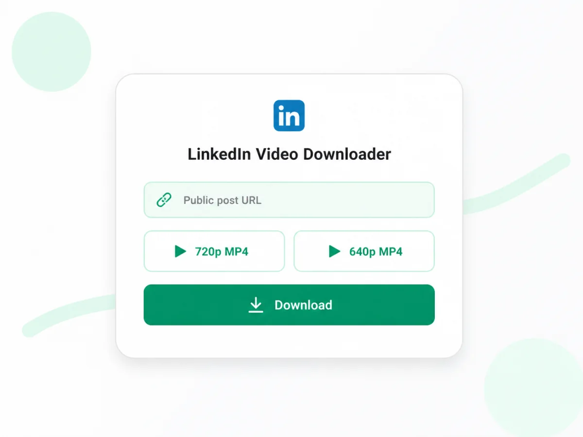 Free LinkedIn video downloader showing a public post URL and two MP4 quality choices