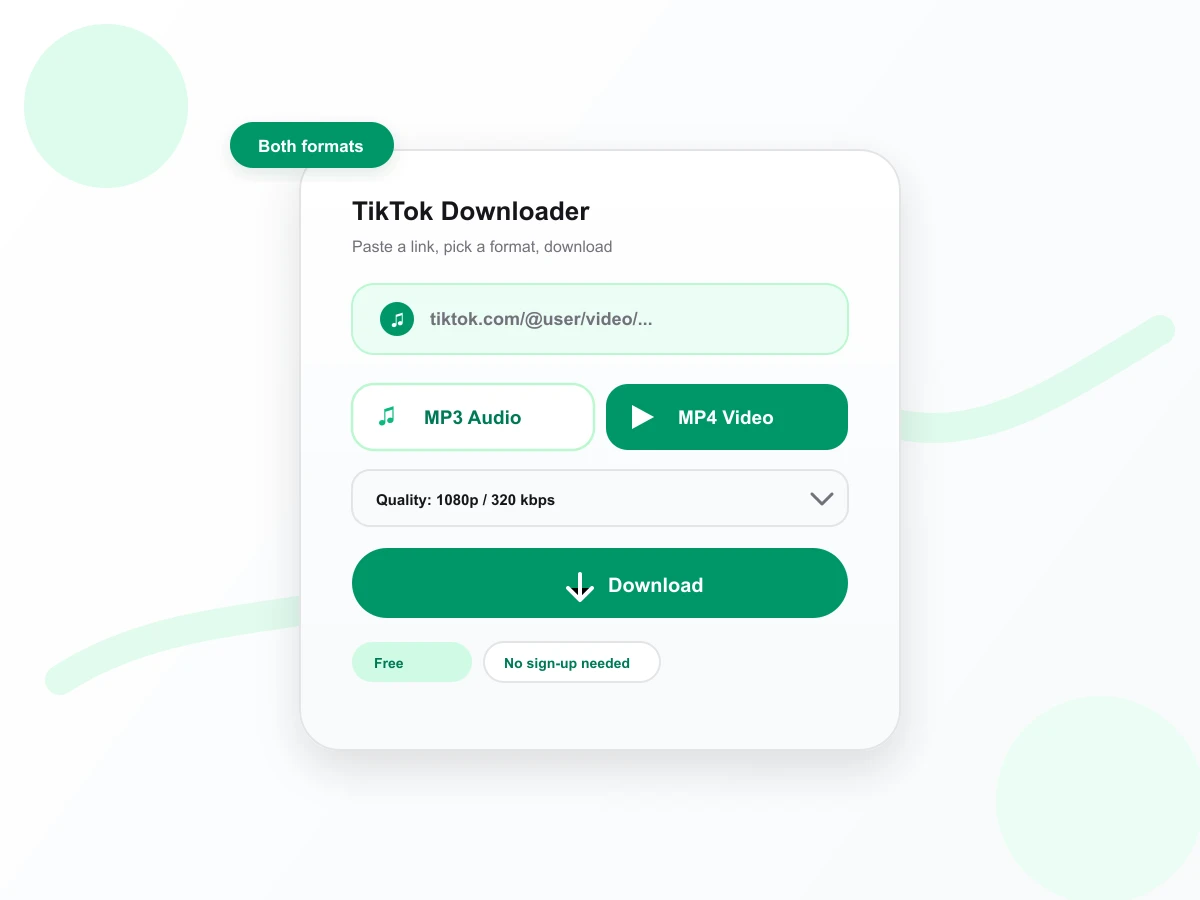 TikTok Downloader link input with MP3 and MP4 format tabs and a Download button