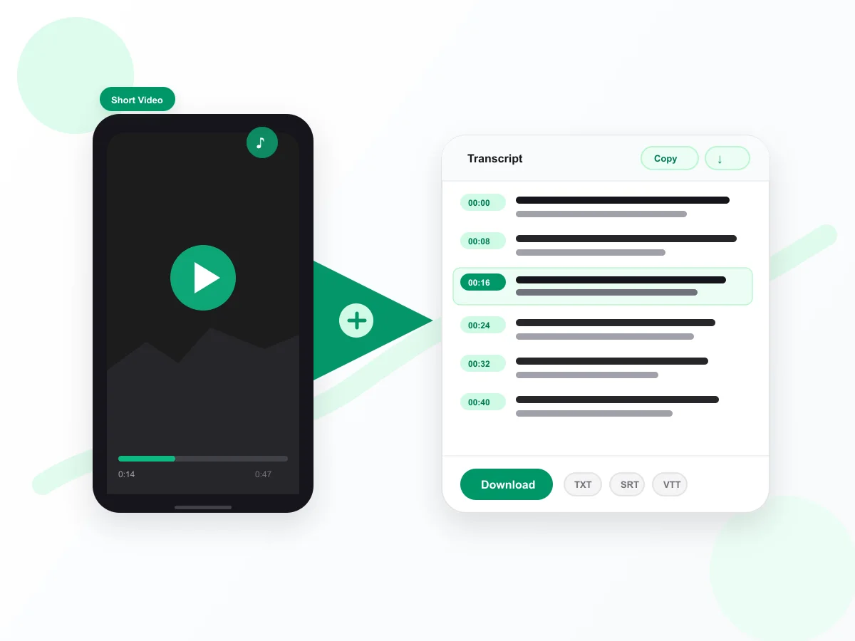 TikTok transcript generator turning a TikTok video into editable timestamped text