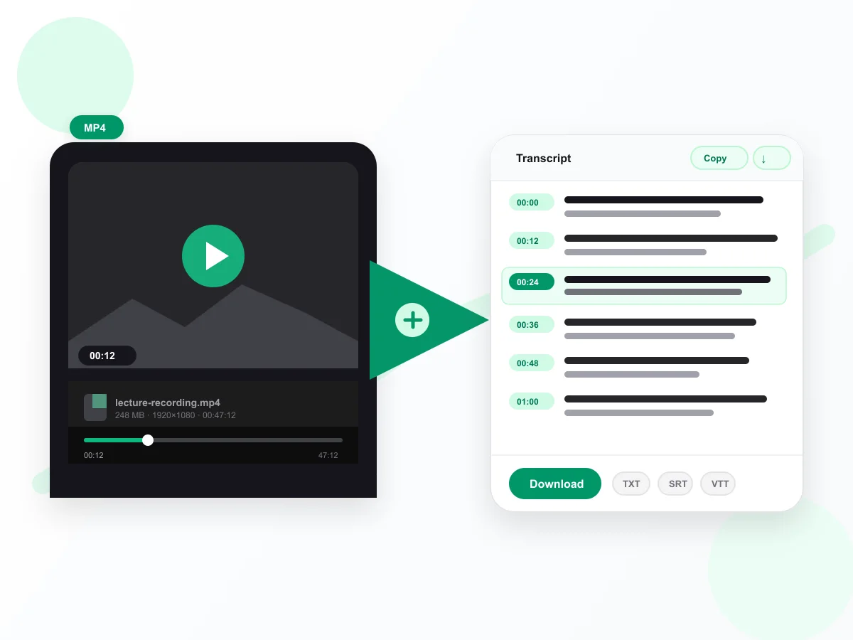 Free video to text converter turning an MP4 upload into a timestamped transcript