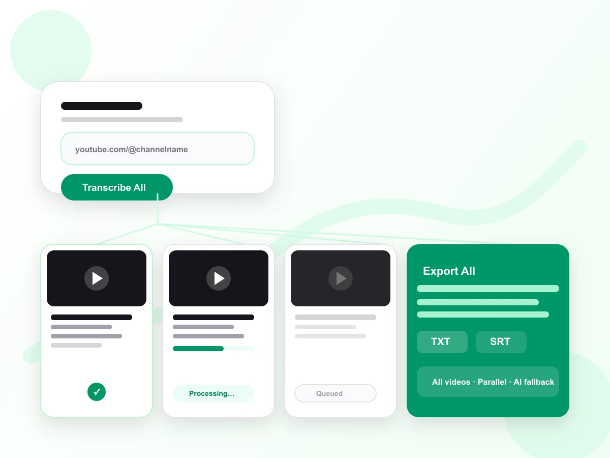 YouTube channel transcript bulk processing a whole channel's video queue in parallel