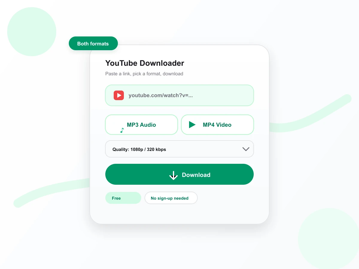 YouTube Downloader link input with MP3 and MP4 format tabs and a Download button