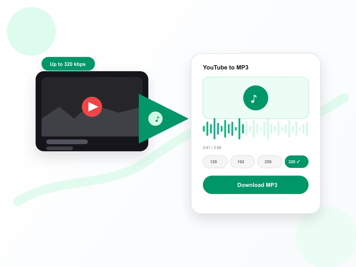 A YouTube video thumbnail converting into an MP3 waveform player with a bitrate selector