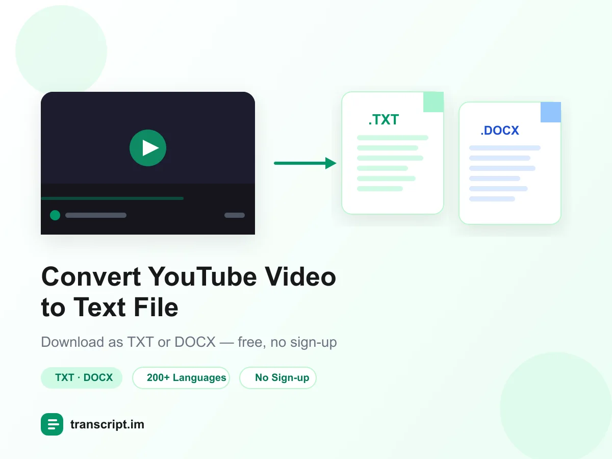 YouTube to text converter turning a YouTube video into a downloadable TXT or DOCX file