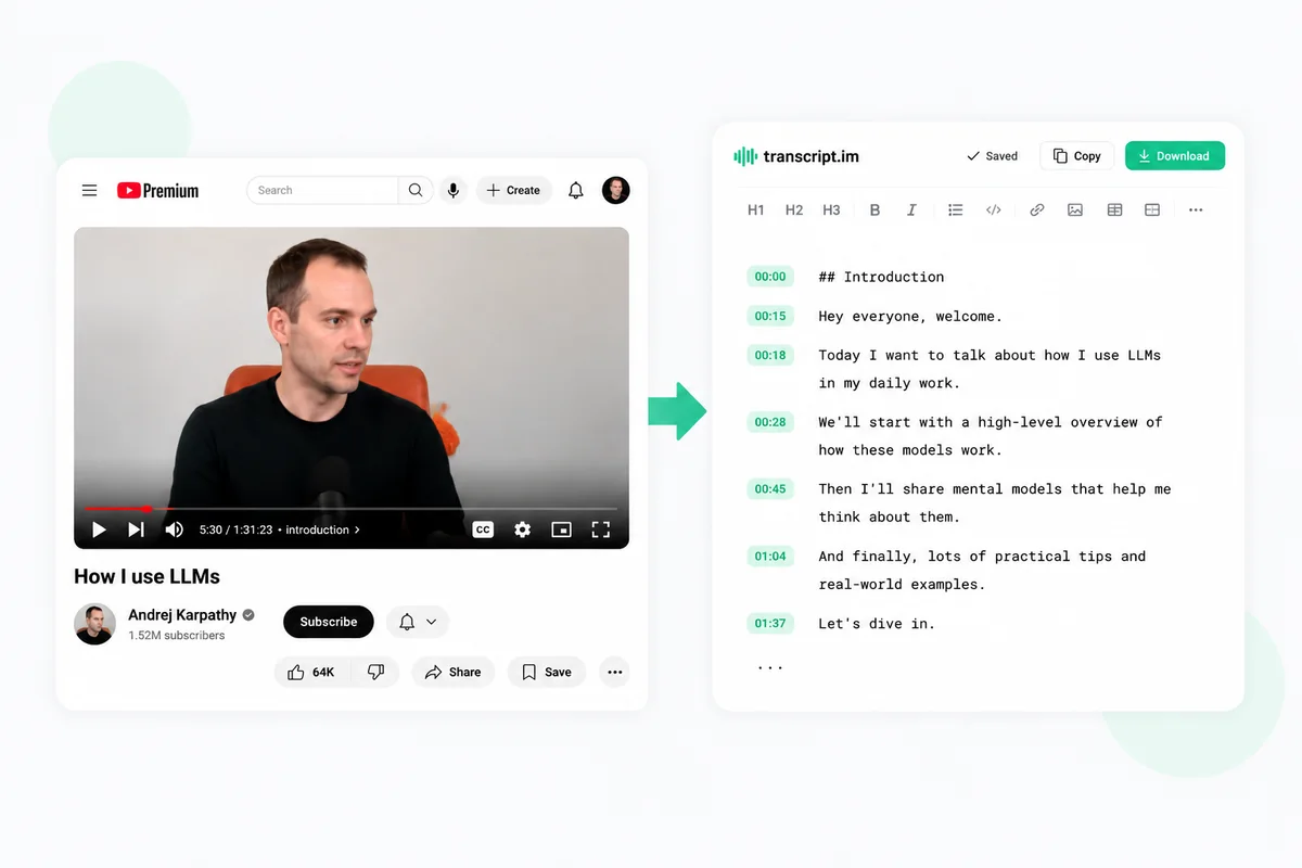 YouTube transcript generator turning a video into editable, timestamped text