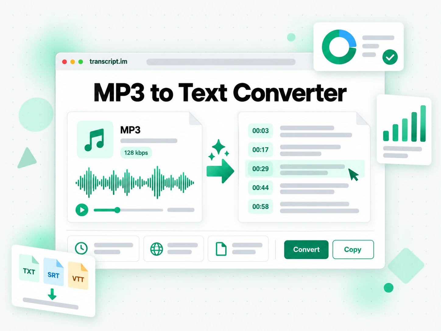 MP3 to text converter turning an uploaded MP3 file into editable timestamped text