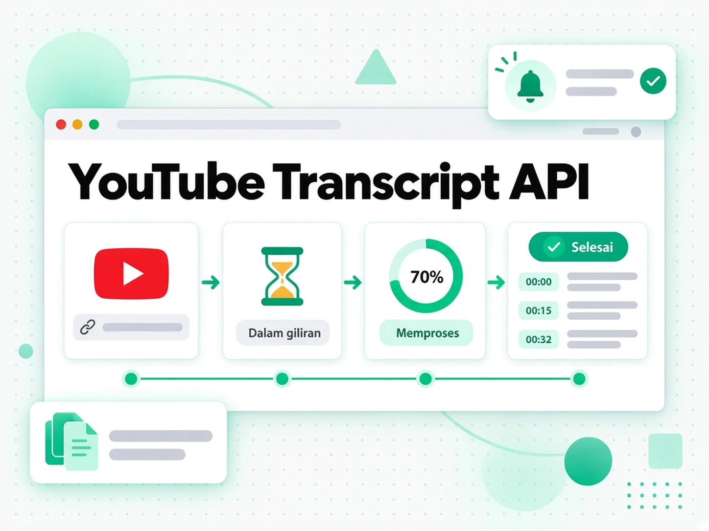 API Transkrip YouTube: pautan YouTube bergerak daripada baris gilir kepada transkrip siap