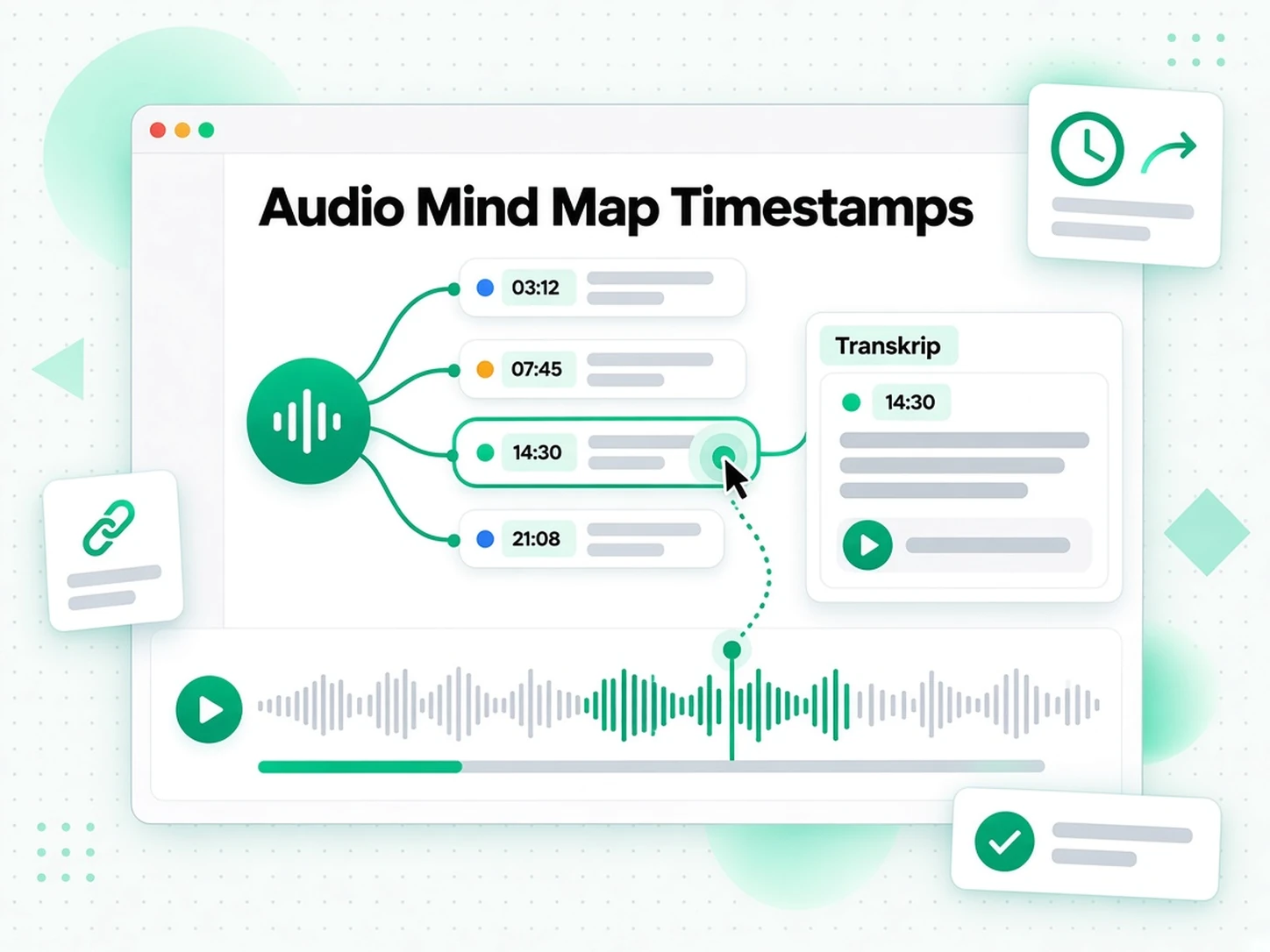 Timestamp Peta Minda Audio: transkrip audio menjadi peta minda bercabang dengan nod timestamp boleh klik