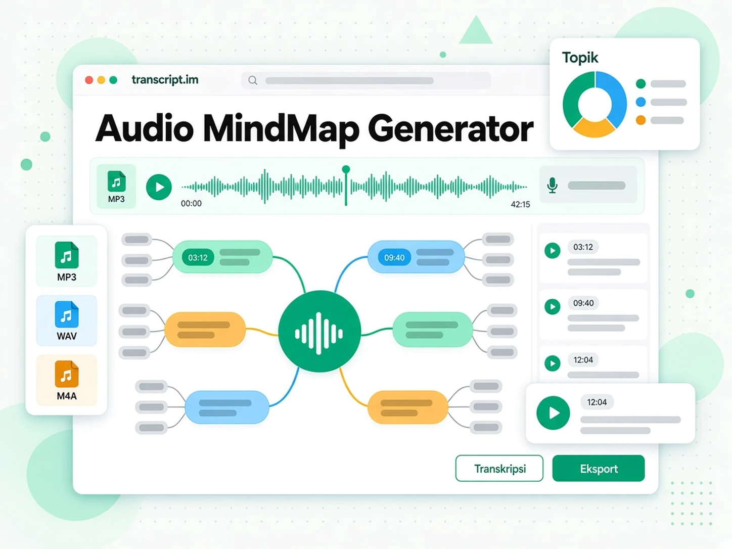 Penjana Peta Minda Audio menukar transkrip audio kepada peta minda visual bercabang