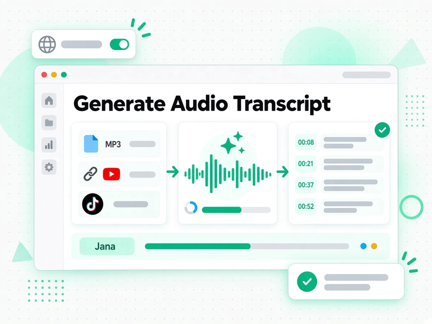 Jana Transkrip Audio: memuat naik fail audio atau menampal pautan ke penjana transkrip audio