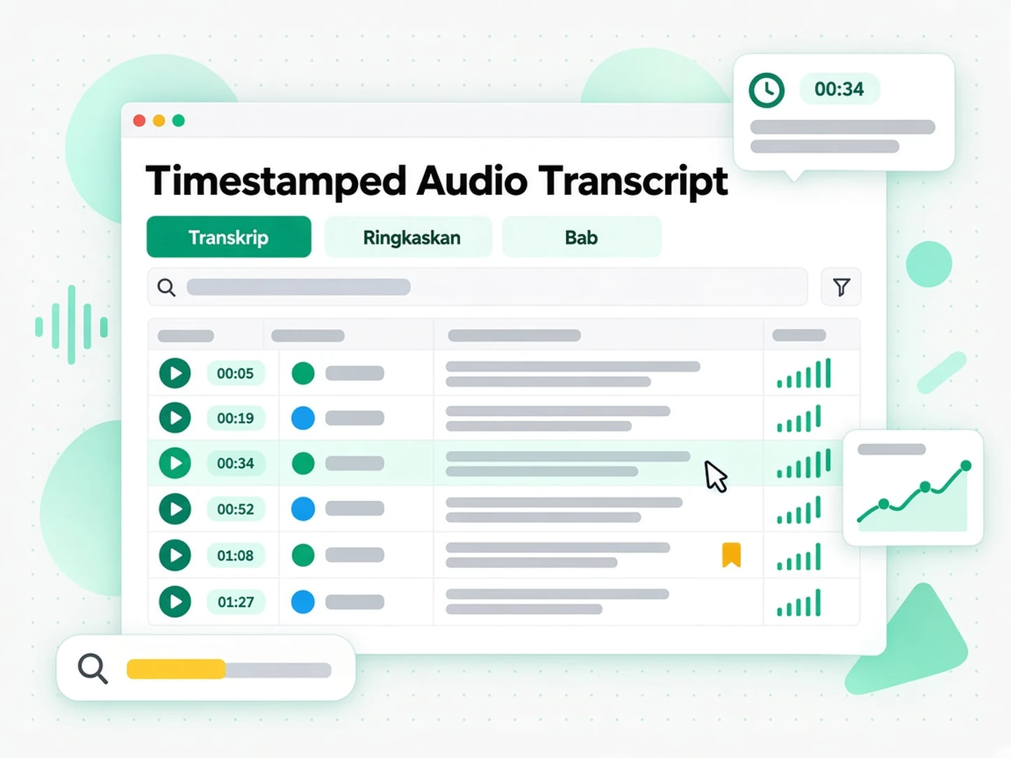 Transkrip Audio Bertimestamp: ringkasan, garis kasar dan peta minda daripada transkrip audio
