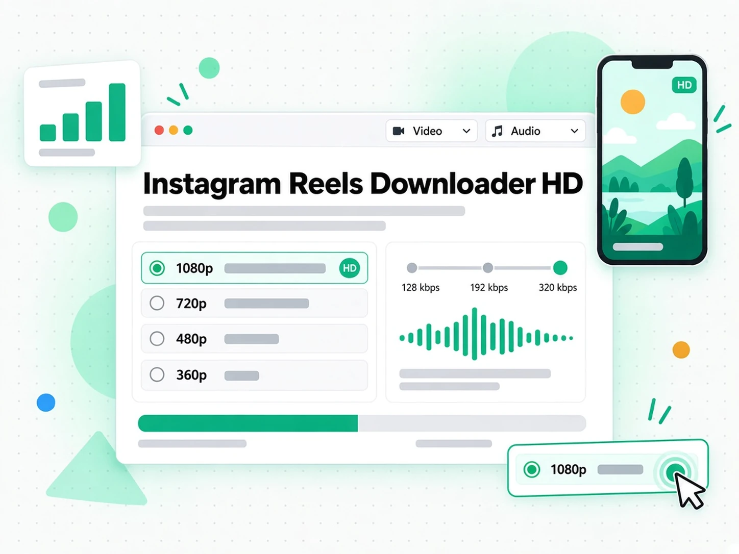 Pemuat Turun Instagram Reels HD: baris cip resolusi MP4 dari 360p hingga 1080p