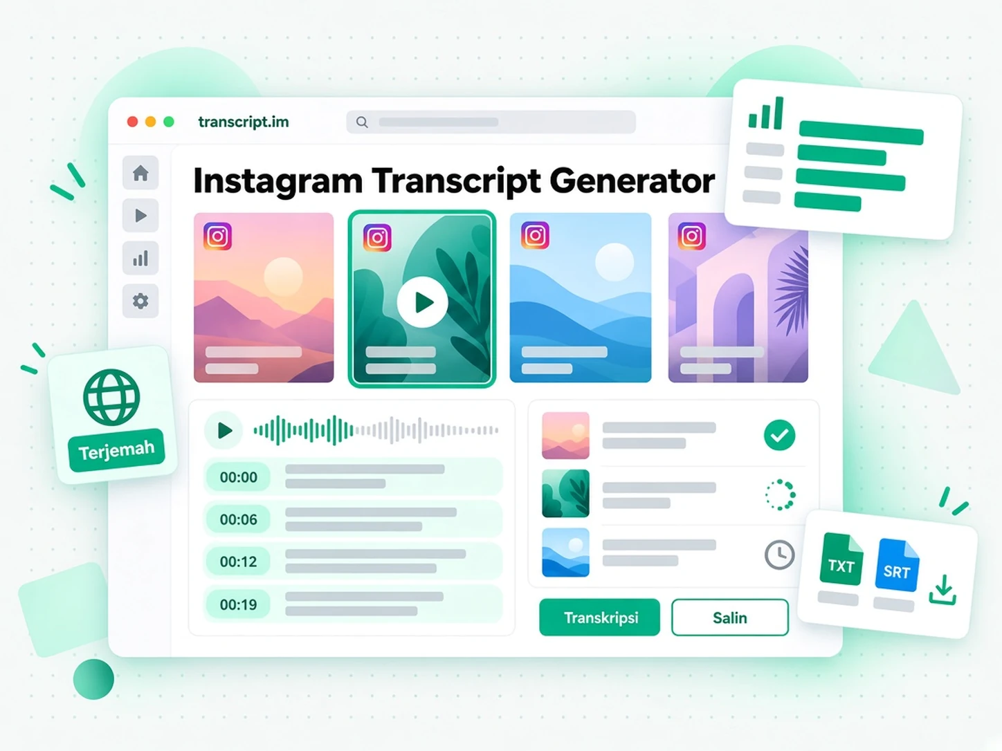 Penjana transkrip Instagram menukar Reel kepada transkrip bertimestamp