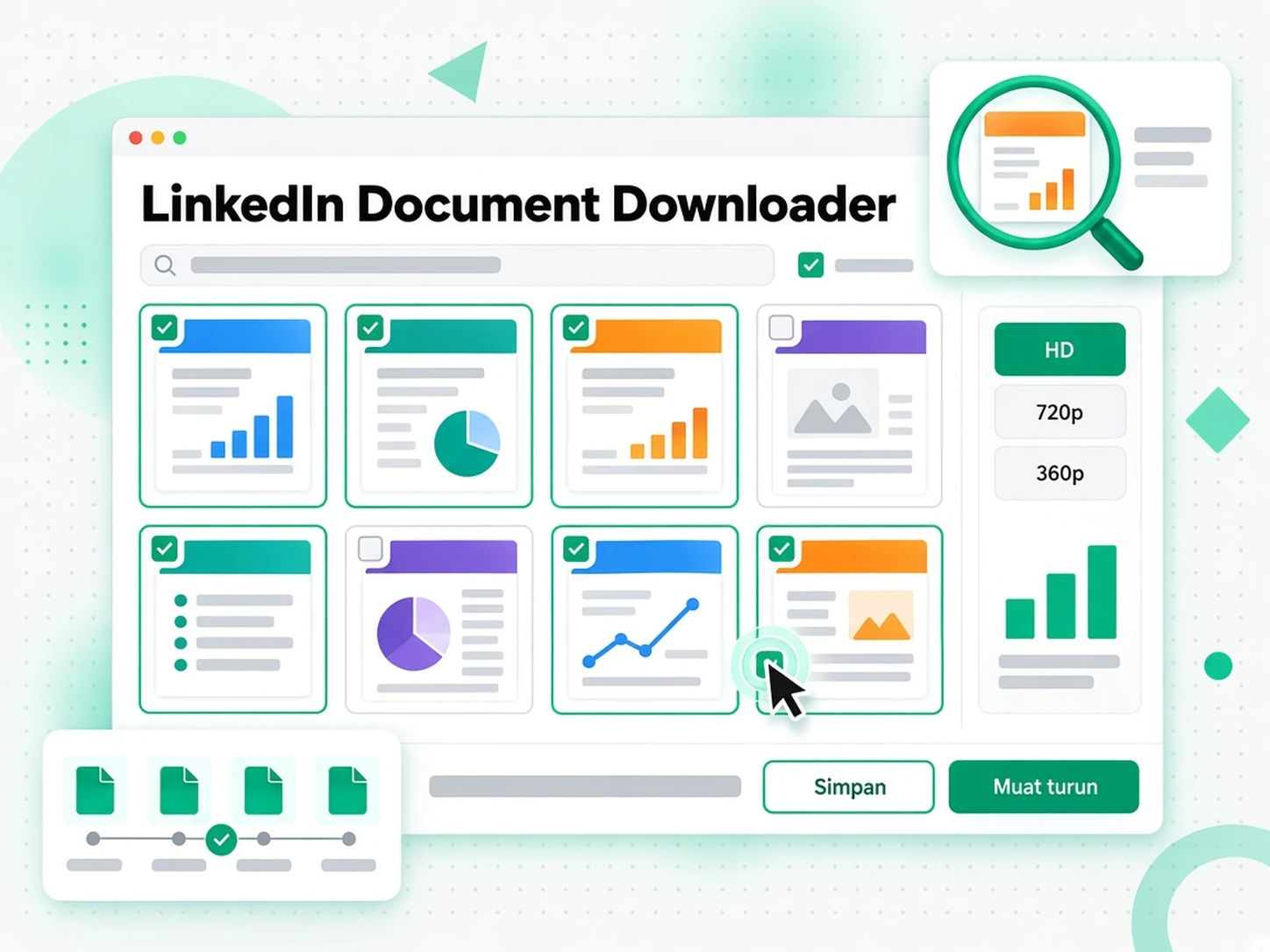 Pemuat Turun Dokumen LinkedIn: grid pratonton halaman yang ditemui