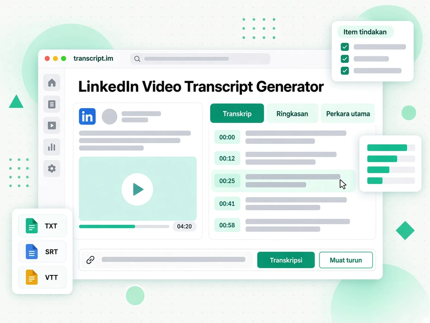 Penjana transkrip video LinkedIn dengan URL catatan awam dan transkrip bertimestamp