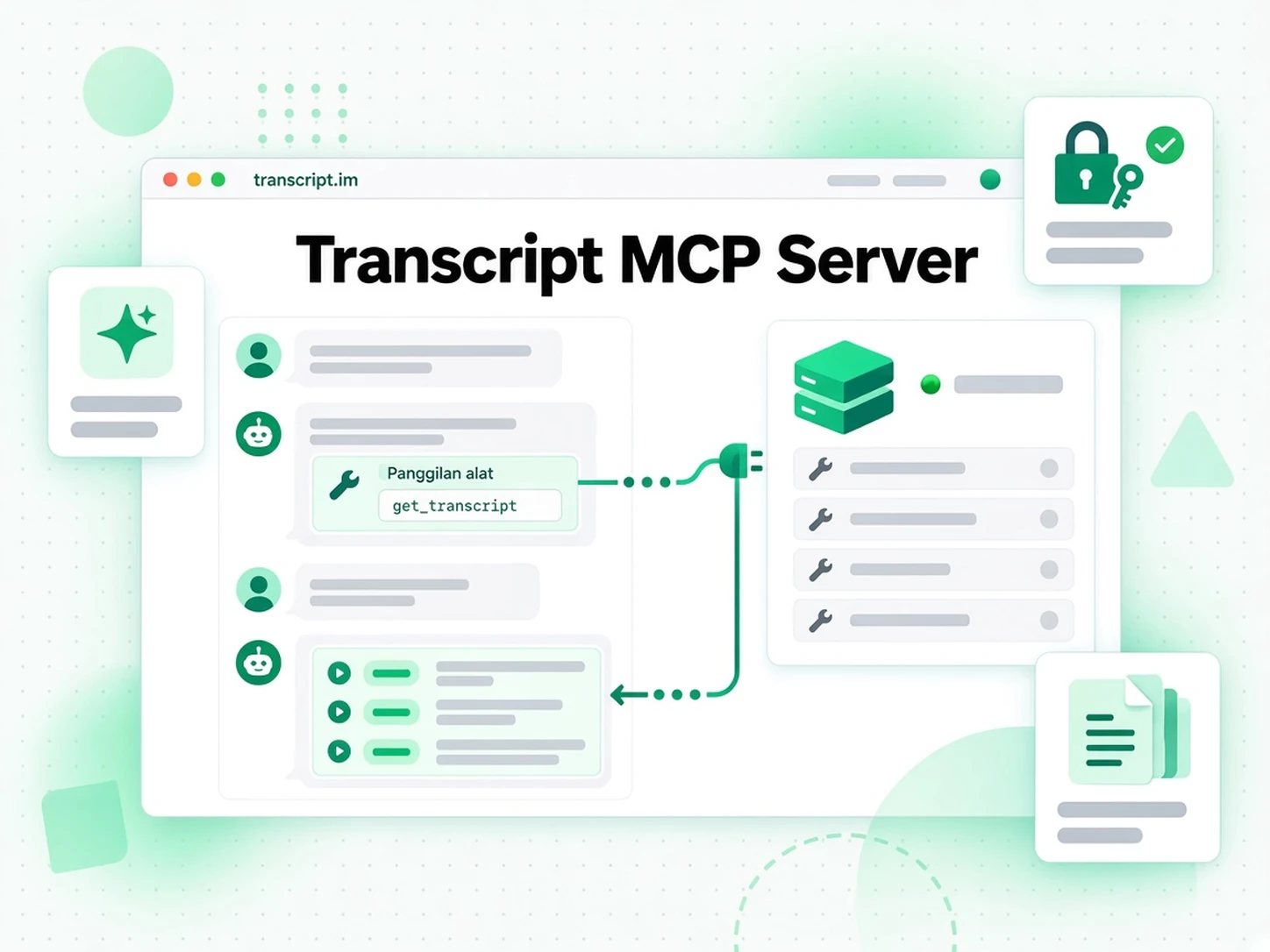 Pelayan MCP Transkrip: klien AI memanggil alat transkrip pada pelayan MCP jauh