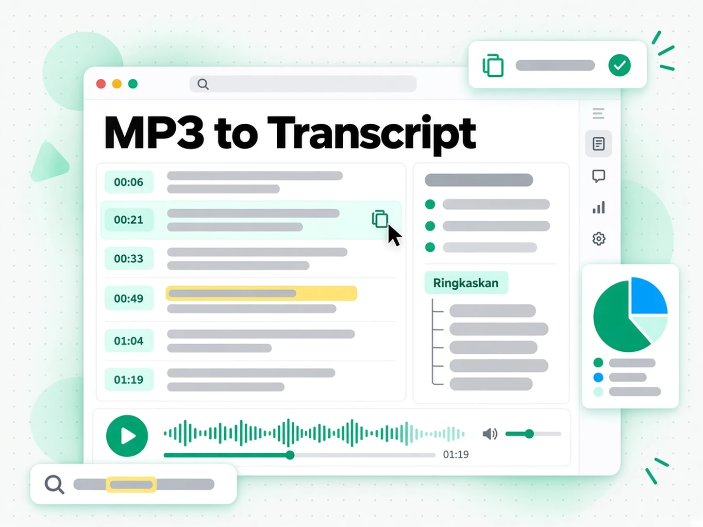 MP3 ke Transkrip: ringkasan, garis kasar dan peta minda daripada transkrip MP3