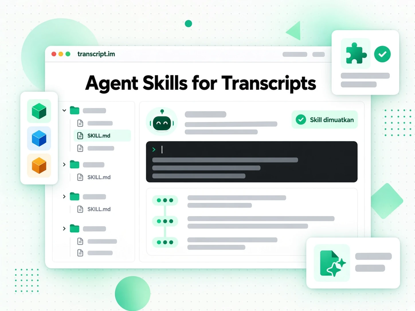 Kemahiran Agen untuk Transkrip: pek SKILL.md yang dimuatkan agen AI untuk mengambil transkrip