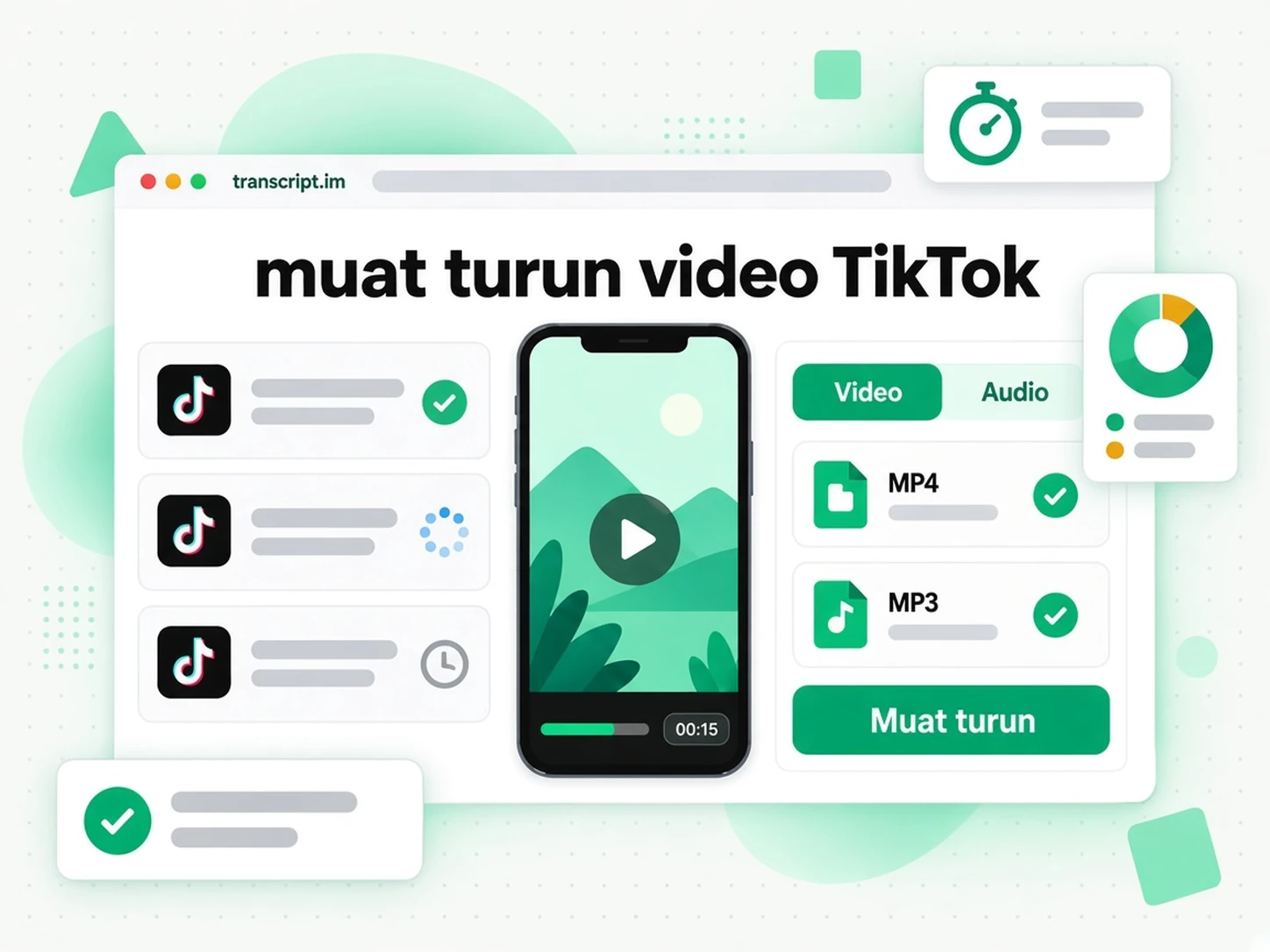 Pemuat Turun TikTok: medan pautan dengan tab format MP3 dan MP4 serta butang Muat Turun