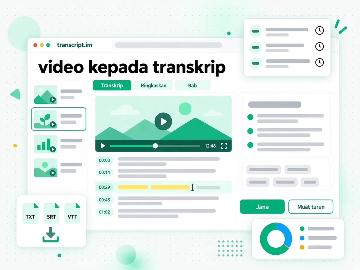 Penjana transkrip video menukar video yang dimuat naik atau pautan yang ditampal kepada transkrip bertimestamp