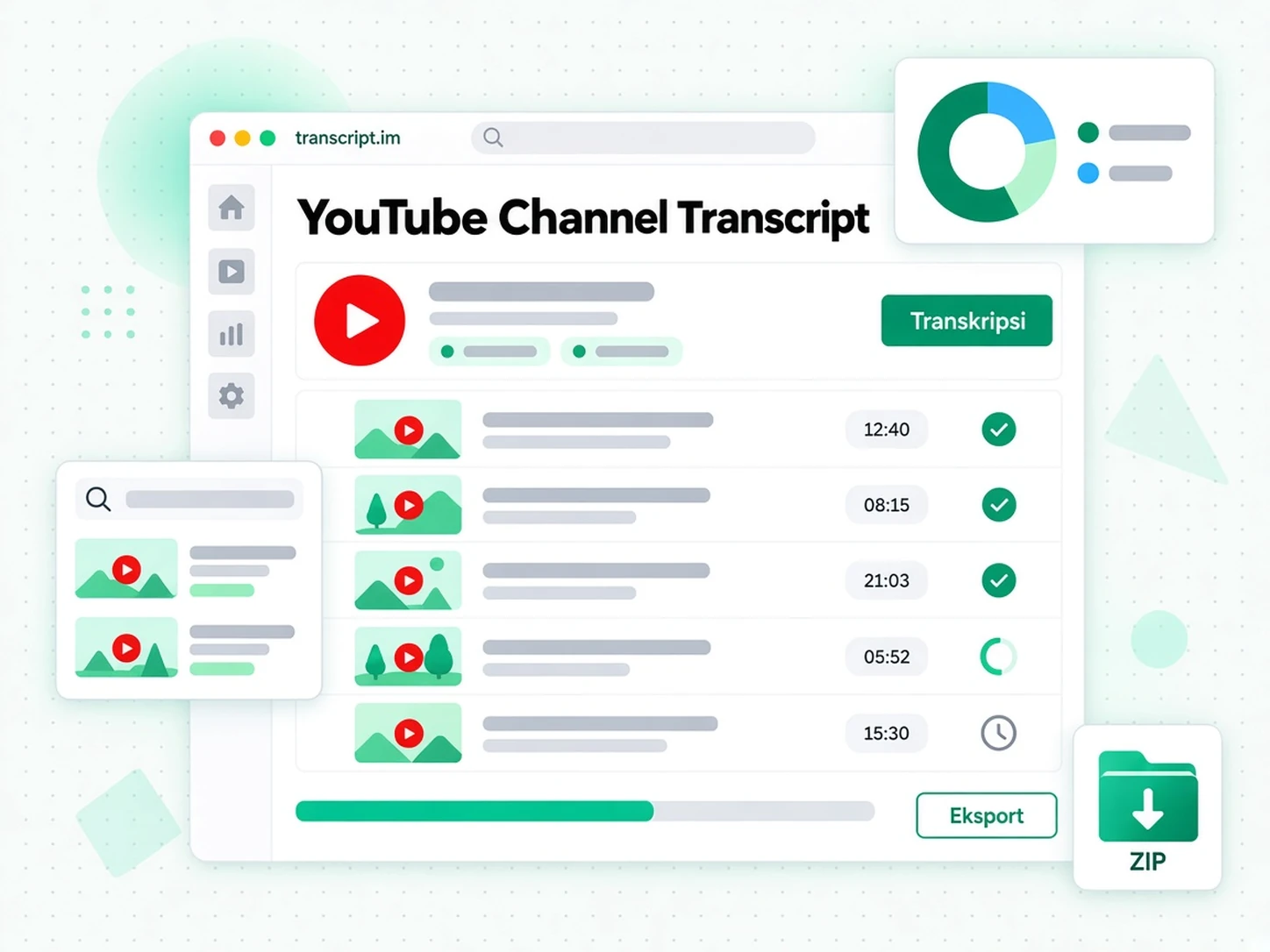 Alat transkrip saluran YouTube memproses semua video saluran secara selari