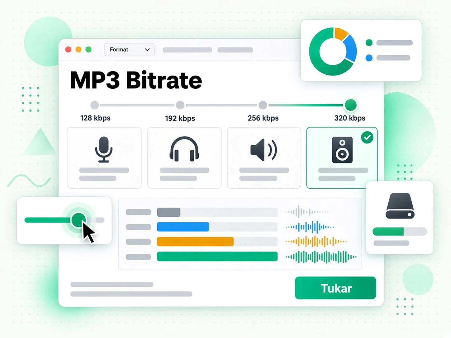 Bitrate MP3: carta bar membandingkan kualiti audio MP3 dari 128 hingga 320 kbps