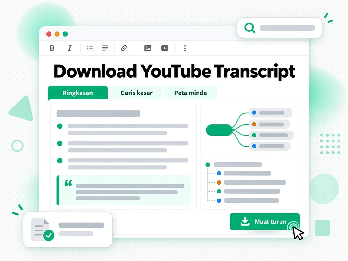 Muat Turun Transkrip YouTube: ringkasan, garis kasar dan peta minda daripada transkrip YouTube