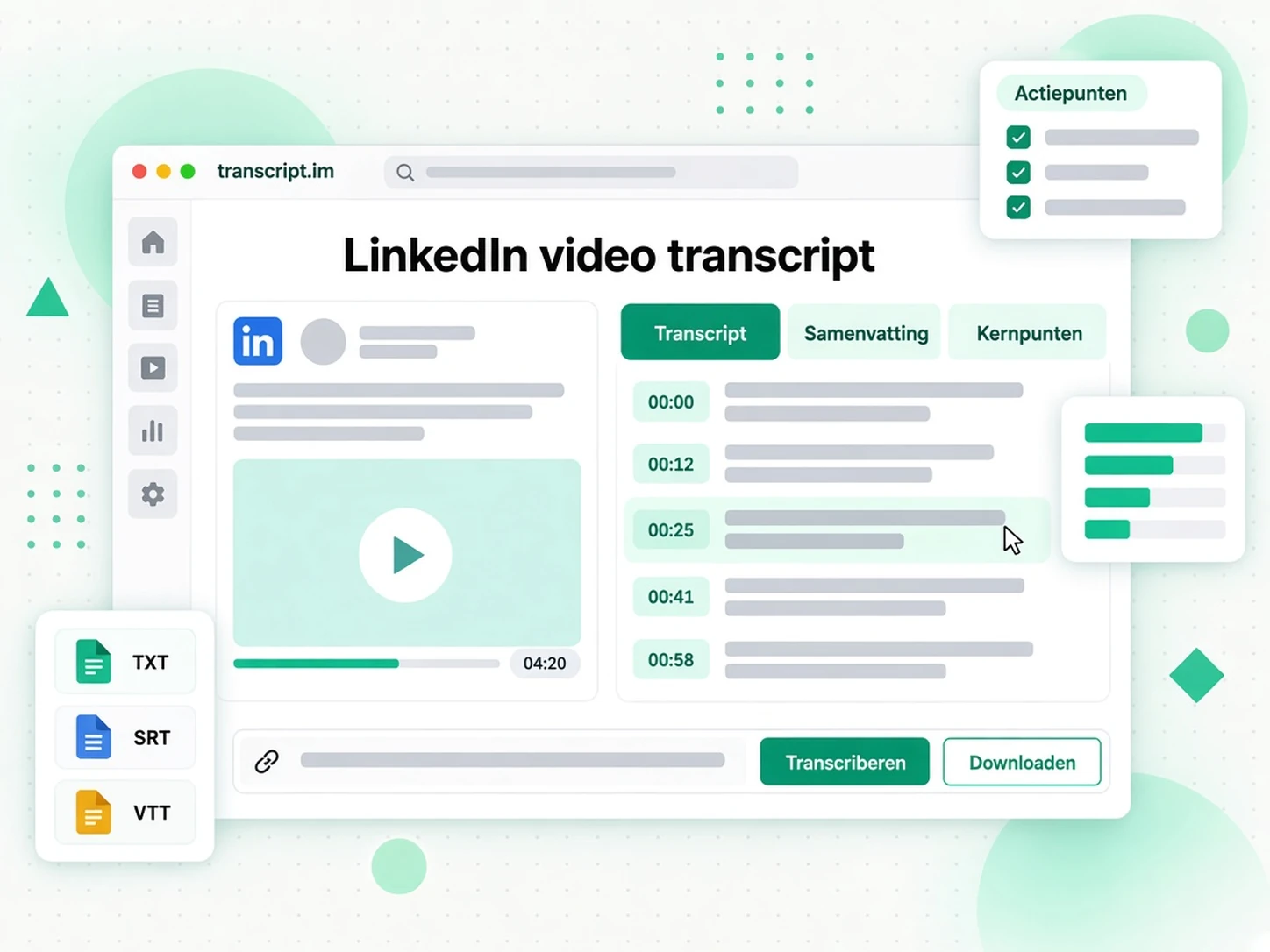 LinkedIn video transcript: een openbare post-URL en een LinkedIn-transcript met tijdstempels