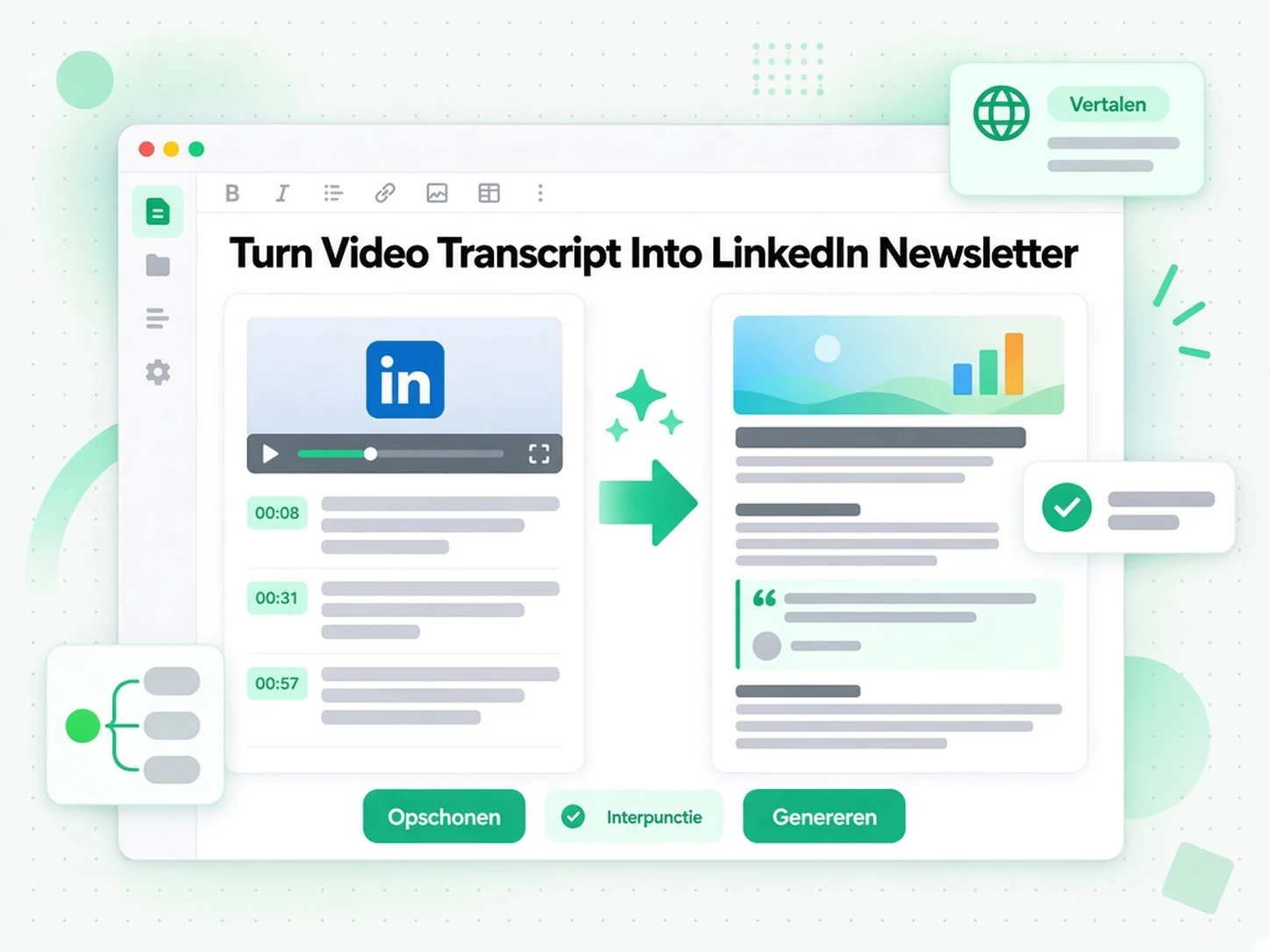 Videotranscript omzetten in LinkedIn-nieuwsbrief: een marketingteam hergebruikt het eigen LinkedIn-videotranscript als artikel