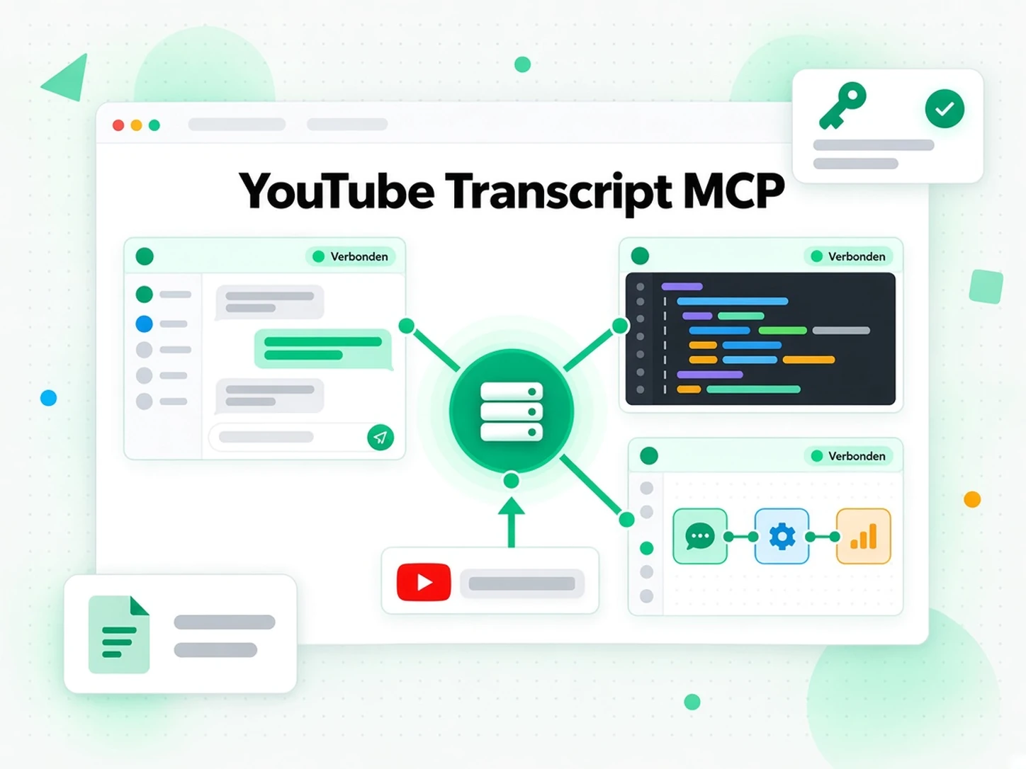 YouTube transcript MCP: chat-, code-editor- en agent-builder-clients verbonden met één server via een YouTube-link