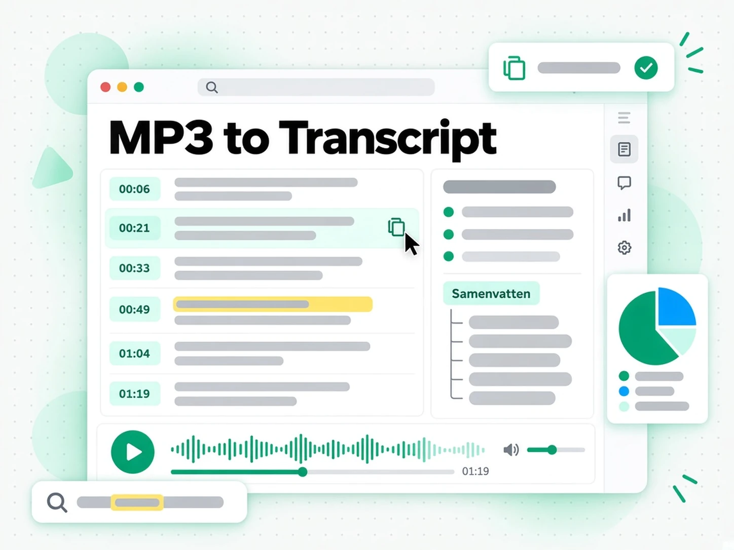 MP3 naar transcript: samenvatting, outline en mindmap gegenereerd uit een MP3-transcript