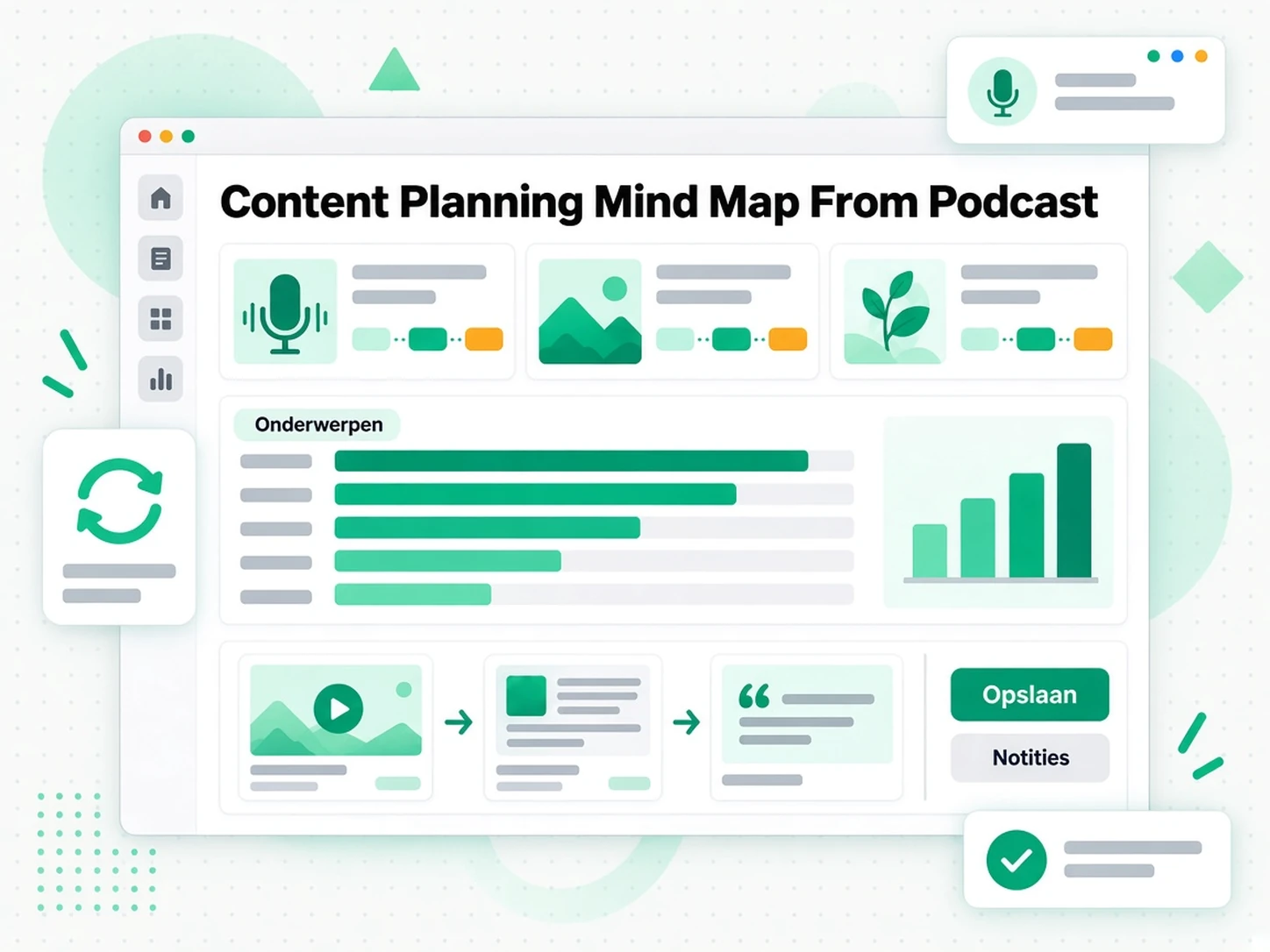 Contentplannings-mindmap van podcast: een contentplanningsmindmap uit een vakgerichte podcastaflevering