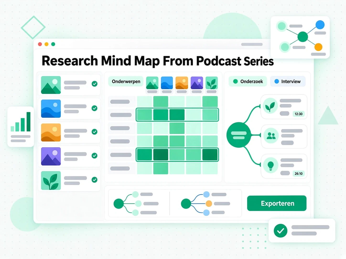 Onderzoeksmindmap van podcastserie: een synthesemindmap voor onderzoek uit een podcastinterviewsreeks