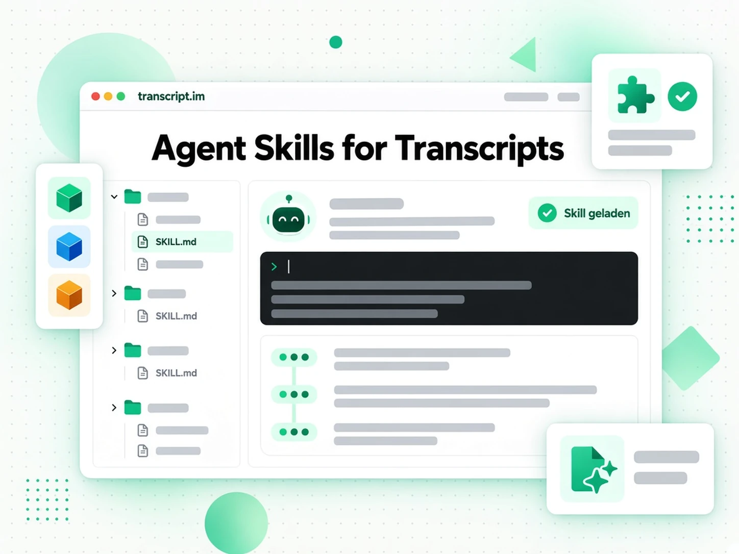 Agent Skills voor transcripten: SKILL.md-pakketten die een AI-agent laadt om transcripten op te halen