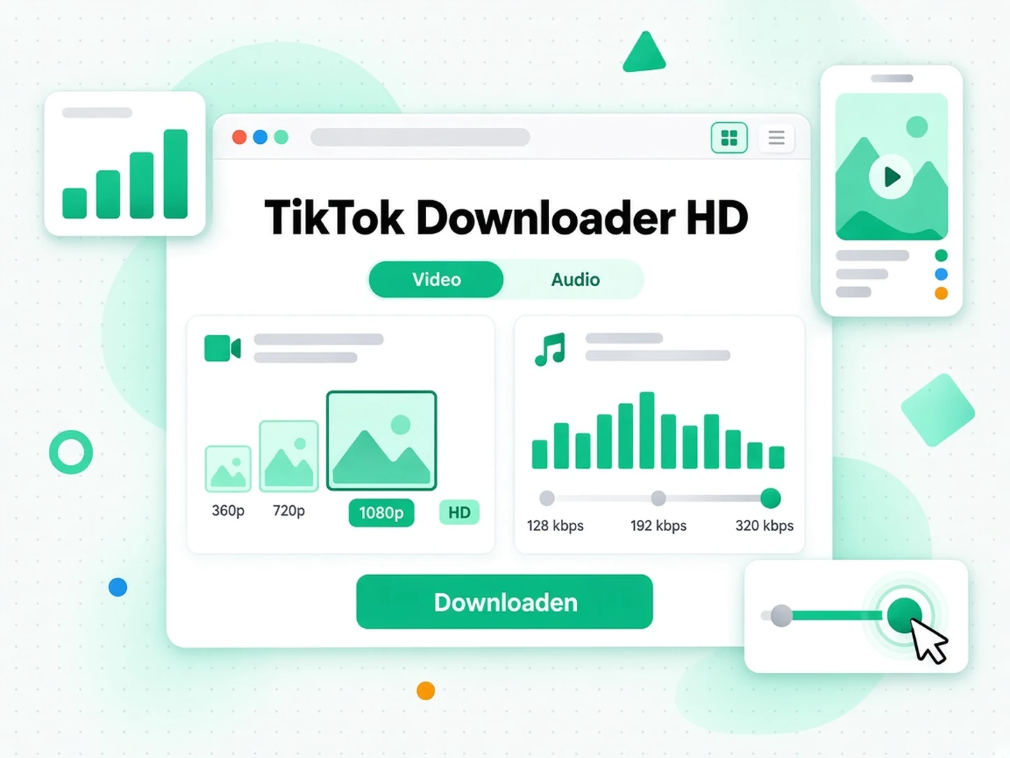 TikTok downloaden HD: een rij MP4-resolutiechips tot 1080p