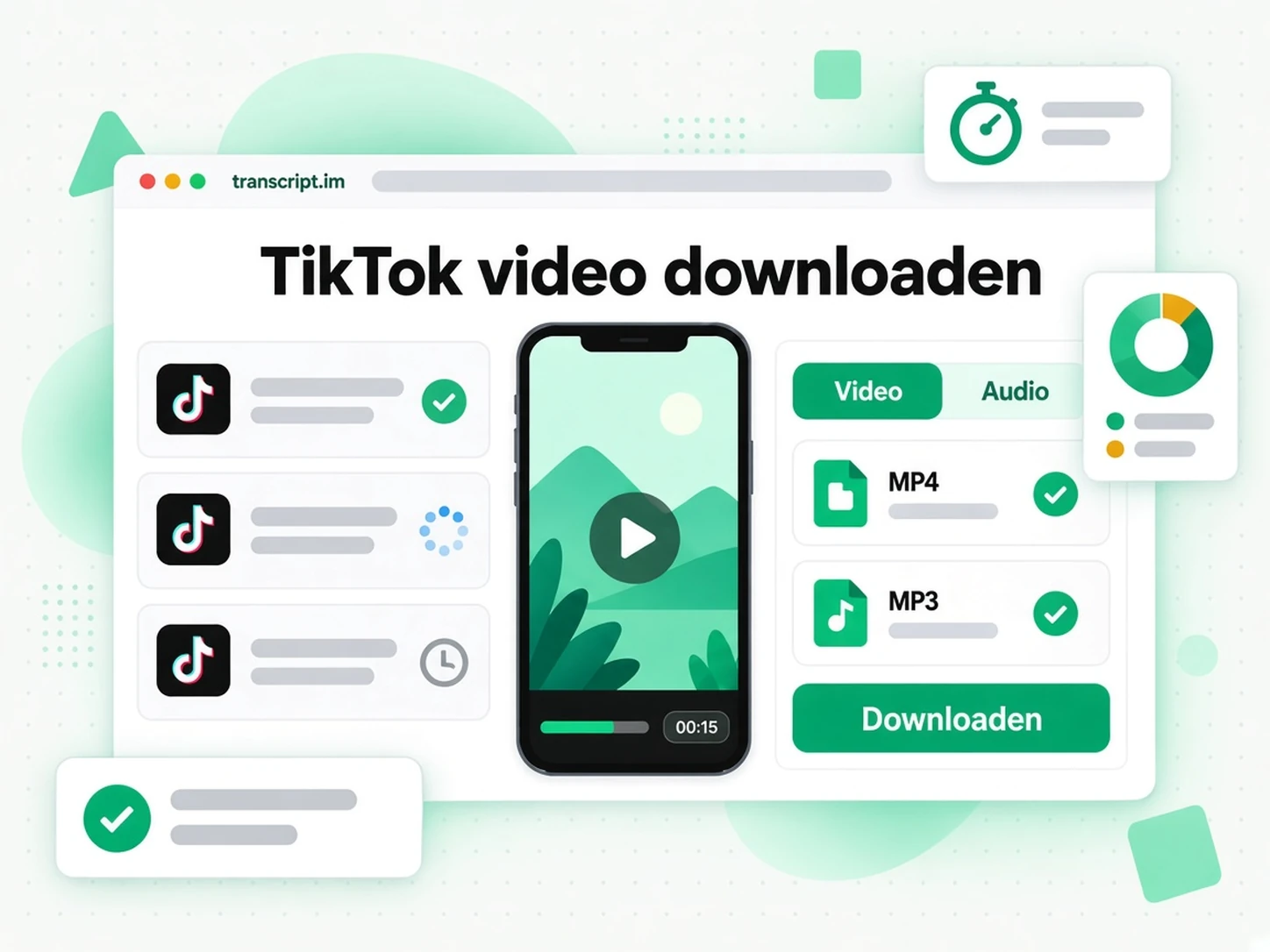 TikTok video downloaden: linkinvoer met tabbladen voor MP3 en MP4 en een downloadknop