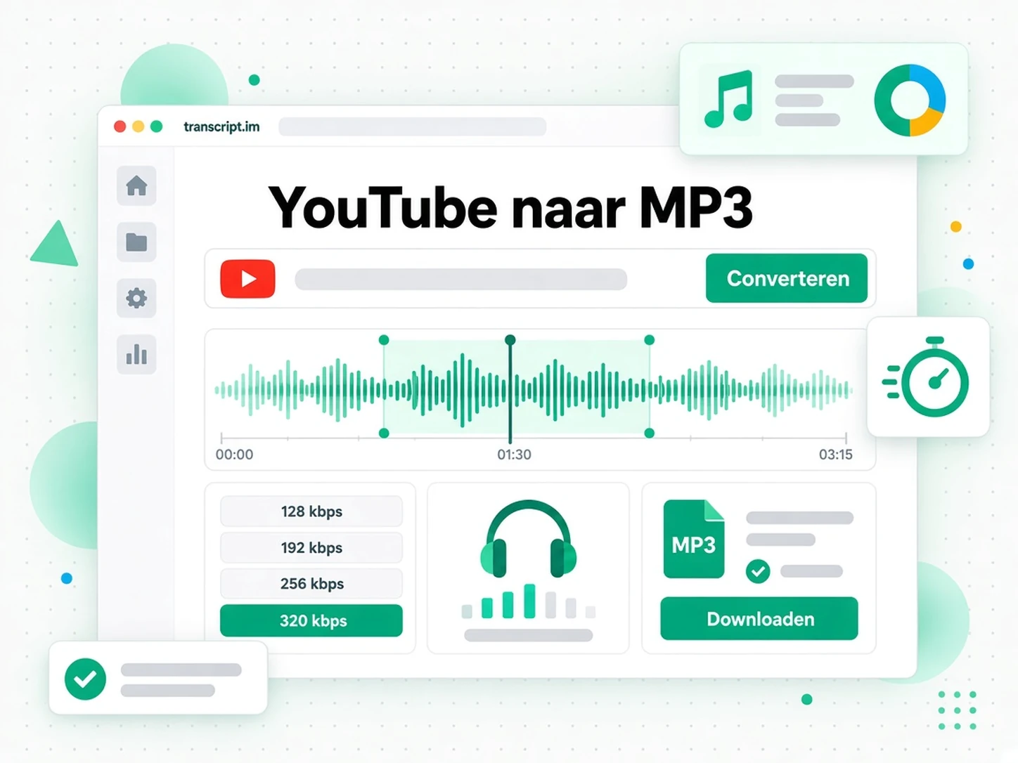YouTube naar MP3: een YouTube-videominiatuur die verandert in een MP3-golfvormspeler met bitrateselector